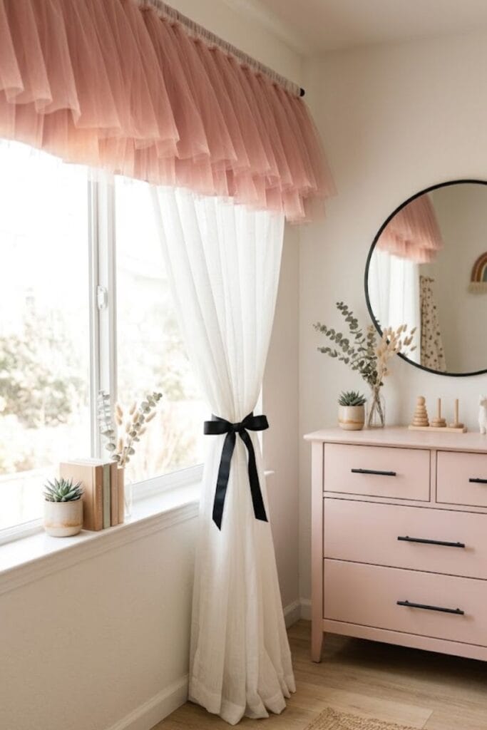 Pink tutu valance with black tieback in a black and pink toddler girl bedroom