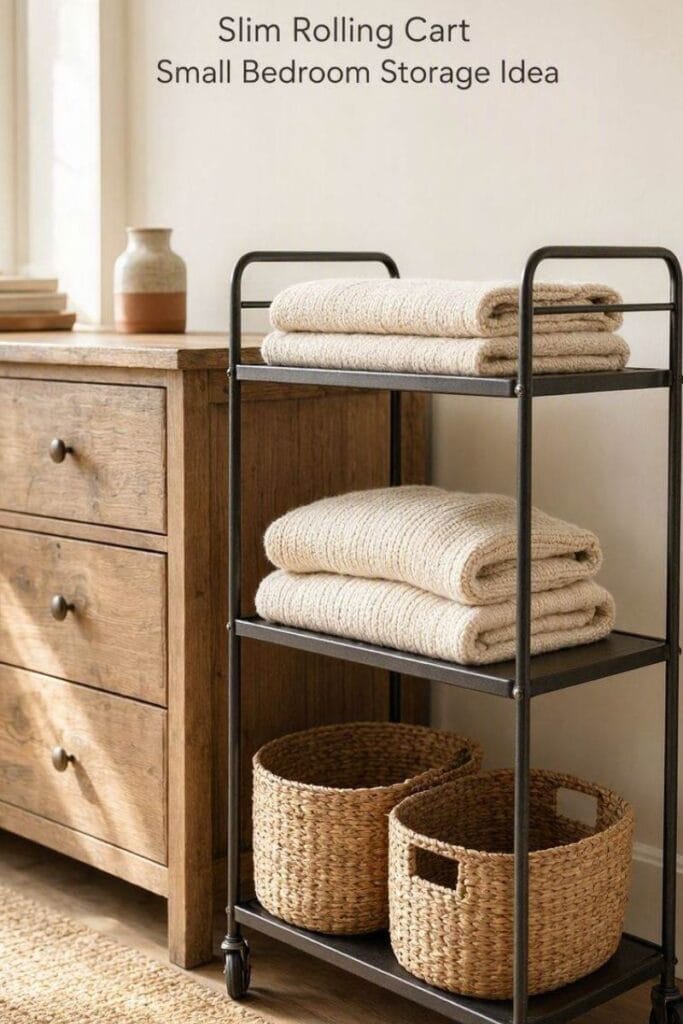 Narrow rolling cart, a small bedroom storage idea for tight gaps