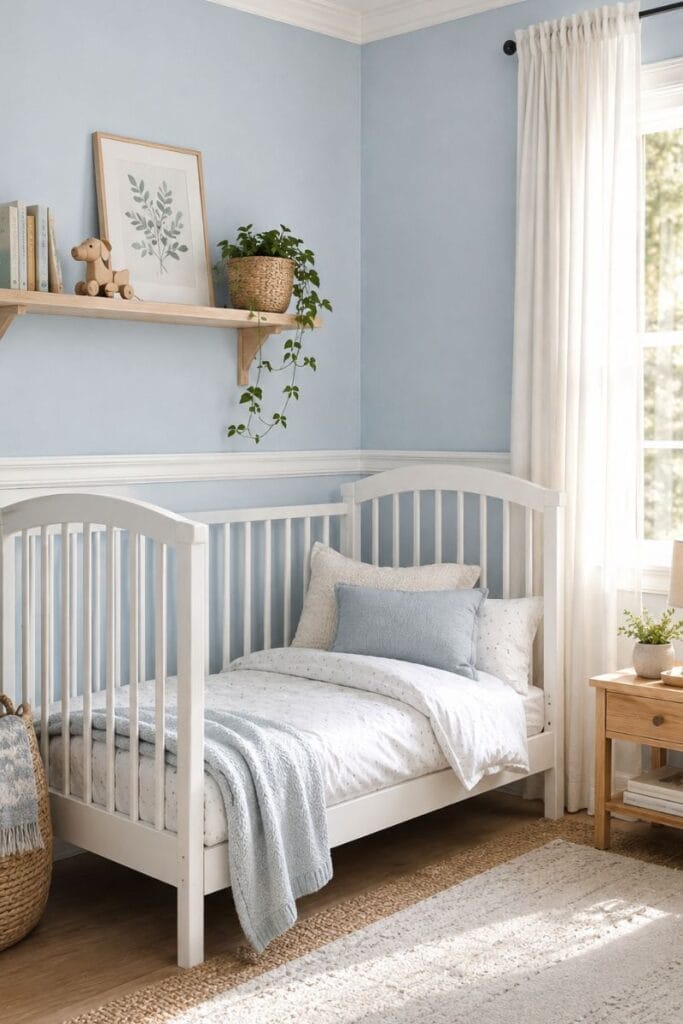  Sky blue toddler bedroom ideas with crisp white trim detail