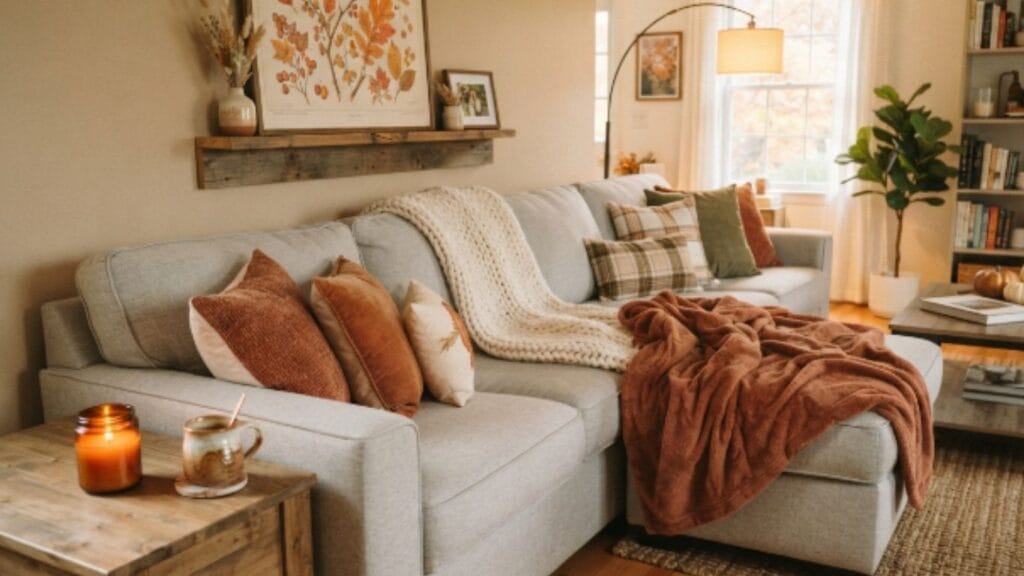 Gray sectional sofa styled with cream and rust chunky knit throw blankets and fall pillows