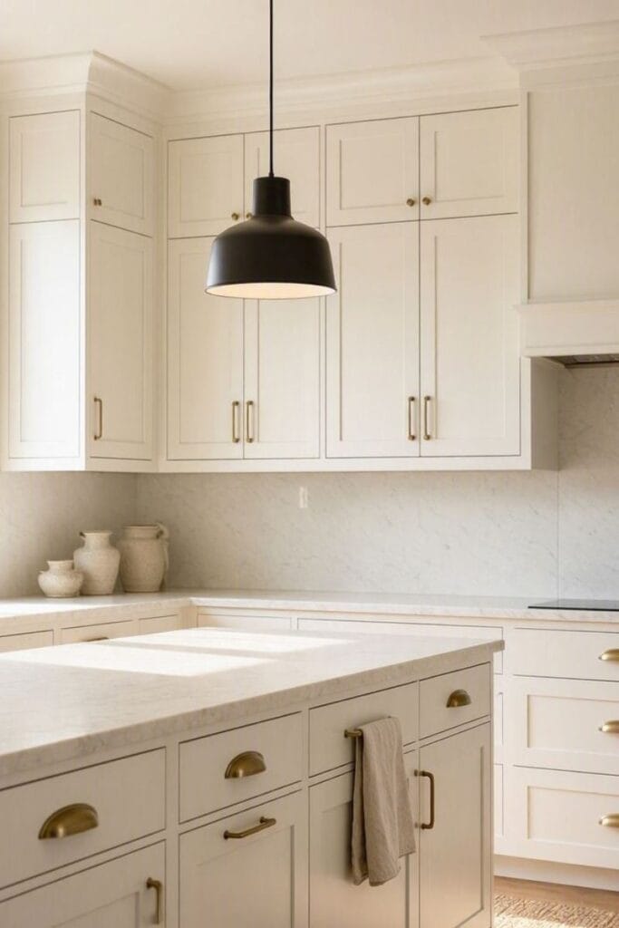 Black and brass kitchen with wedding-inspired color palette accents