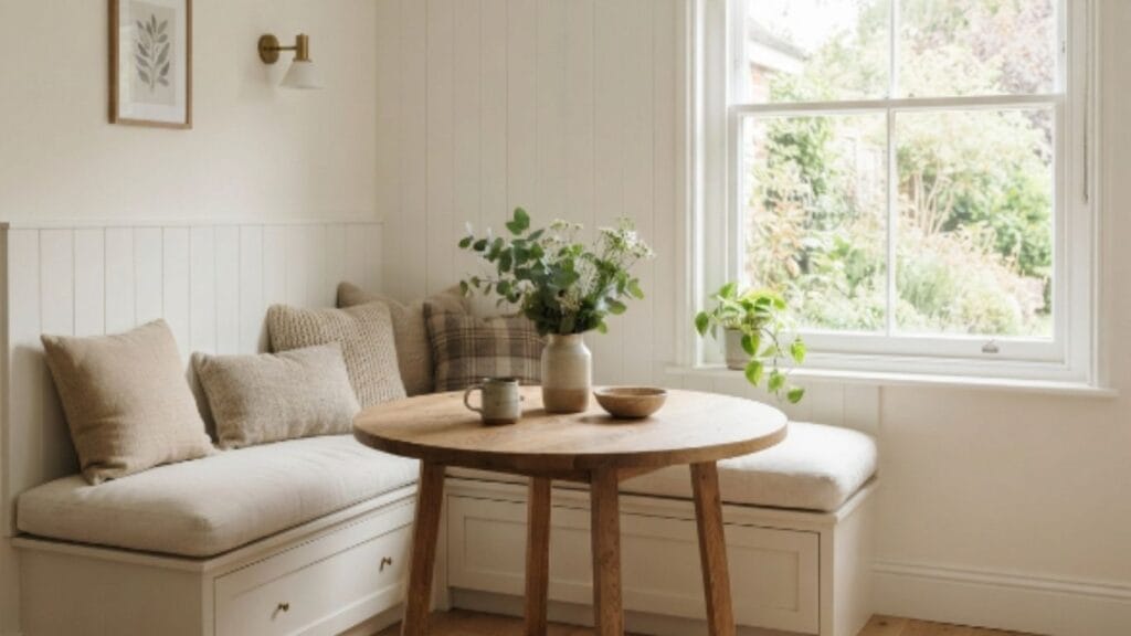 in breakfast nook with round table and bench
