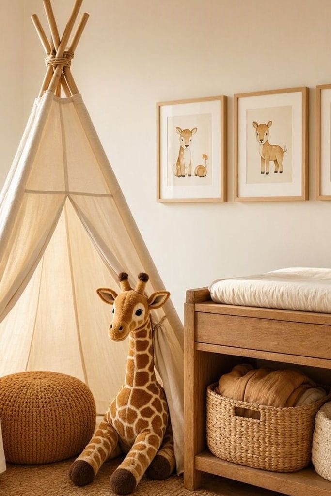  Safari corner in baby boy nursery with teepee tent