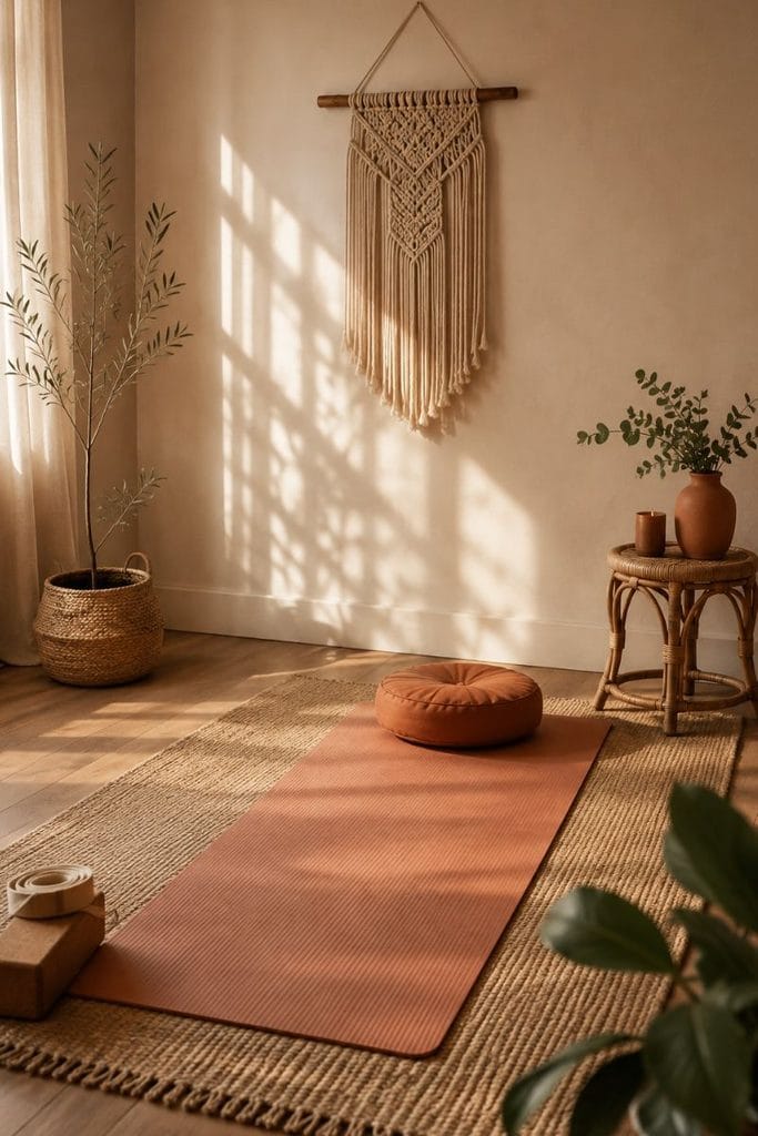 Boho neutral yoga room aesthetic with warm tones and natural textures