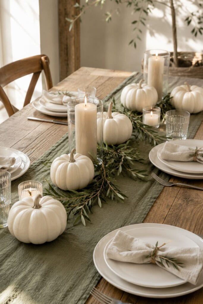 	simple white pumpkin candle centerpiece on sage green runner