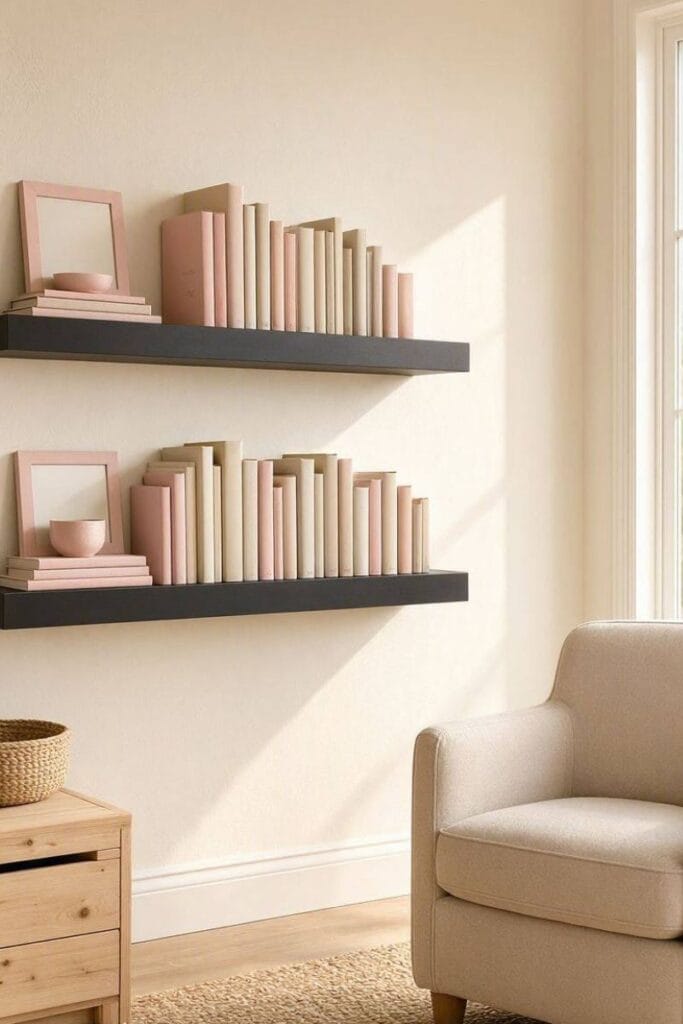 Black picture ledge shelves with pink book spines black and pink toddler girl bedroom