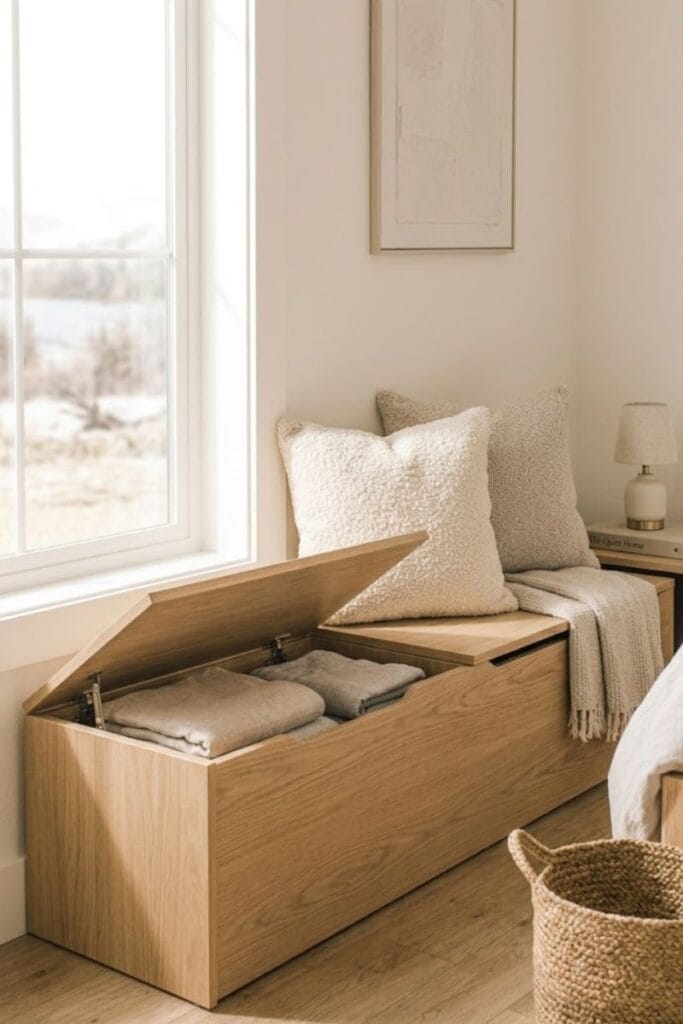  Window seat storage bench, a small bedroom storage idea