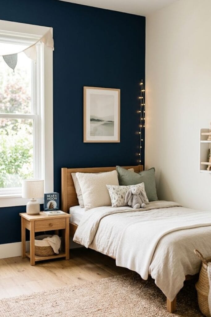  Navy blue accent wall in a toddler bedroom behind the bed