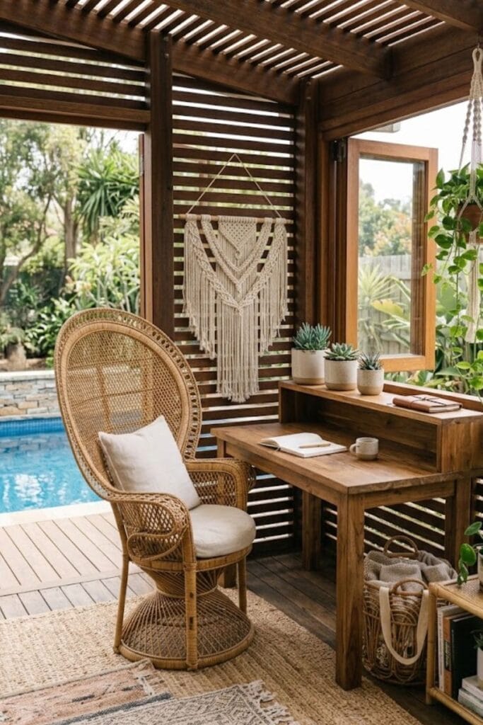 Backyard office ideas with a poolside cabana style workspace