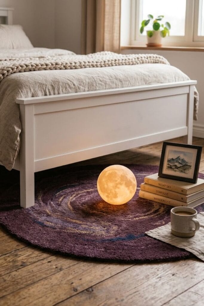 Deep plum cosmic rug in a space themed bedroom