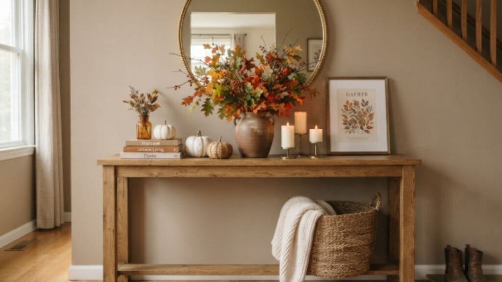 Wooden entryway console table styled with fall branches, candles, pumpkins, and framed art