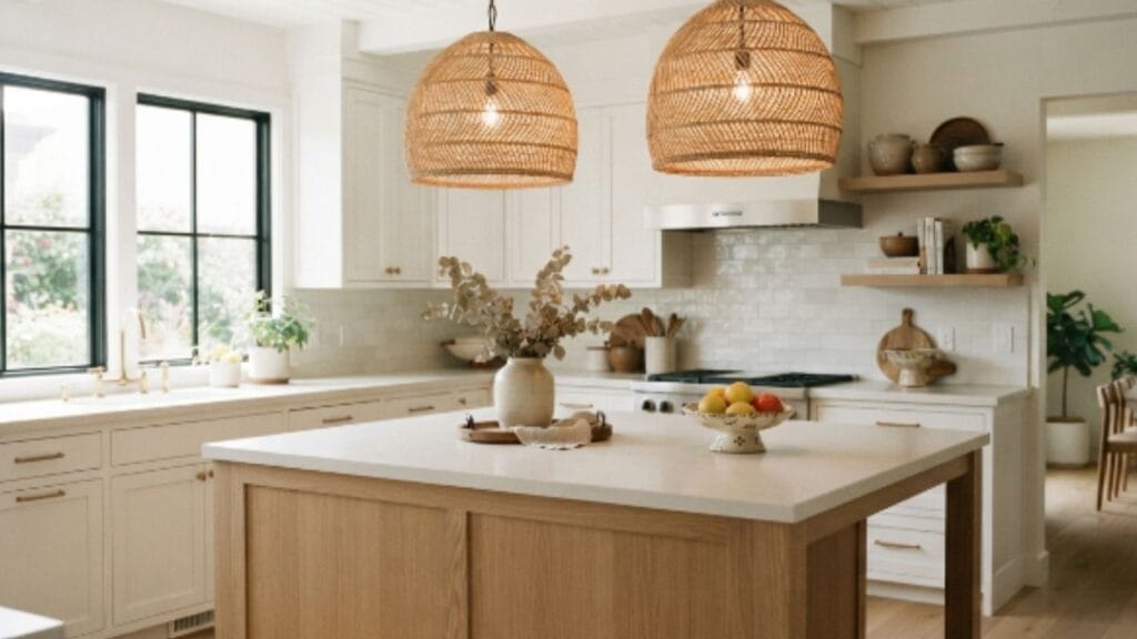 Woven rattan pendant lights above kitchen island