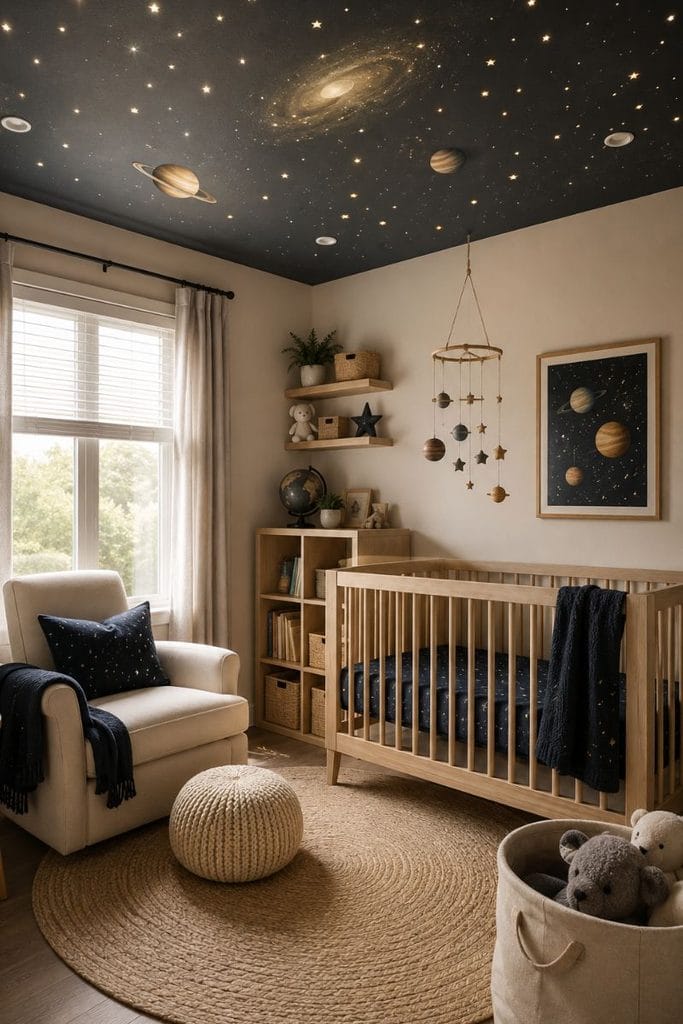  Space themed baby boy nursery with star ceiling