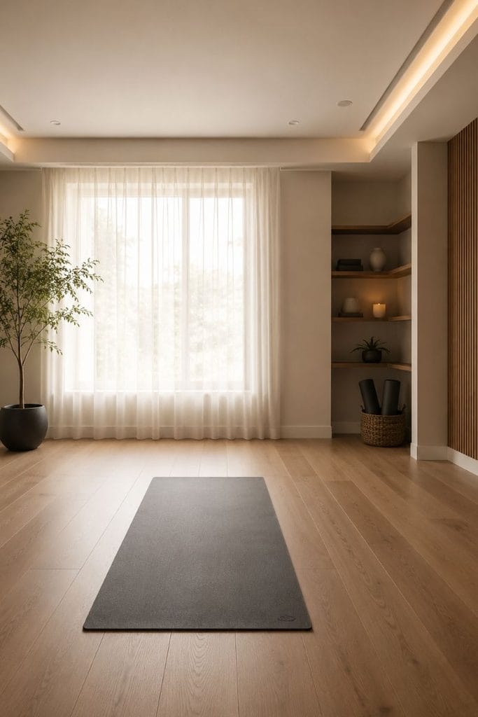 Minimalist yoga room design with wood flooring and open floor space