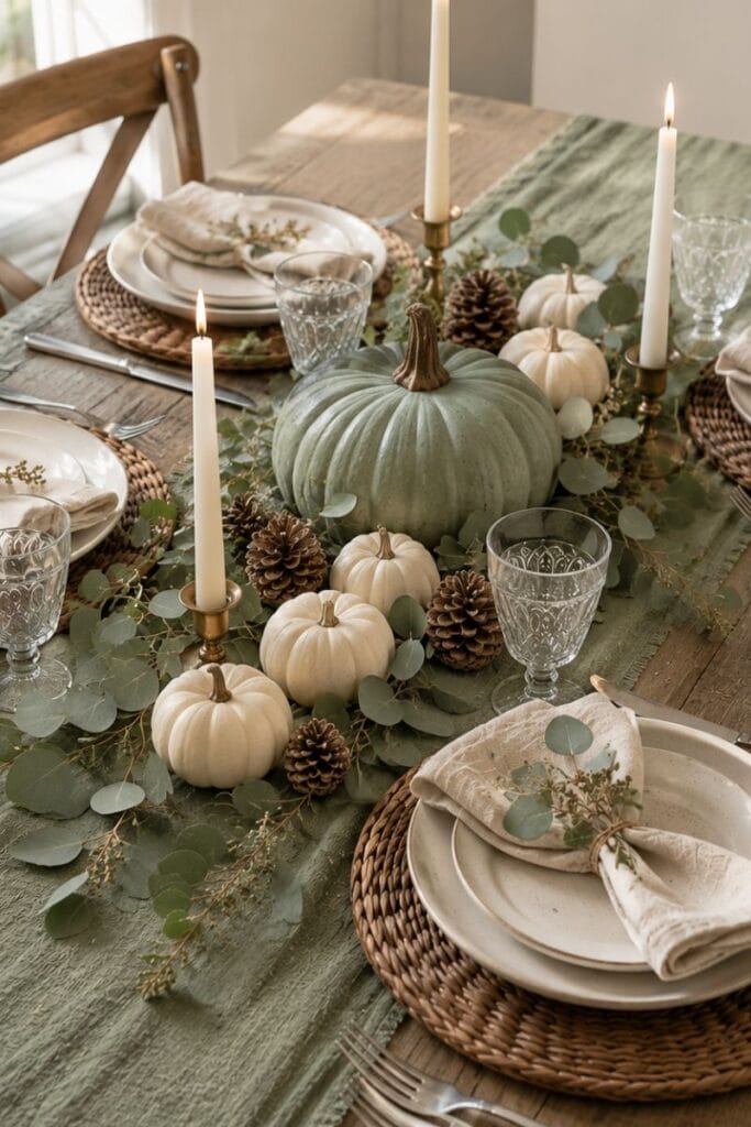 sage green napkins as accent color on neutral thanksgiving table
