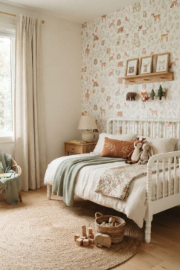 Woodland animal wallpaper toddler girl bedroom accent wall