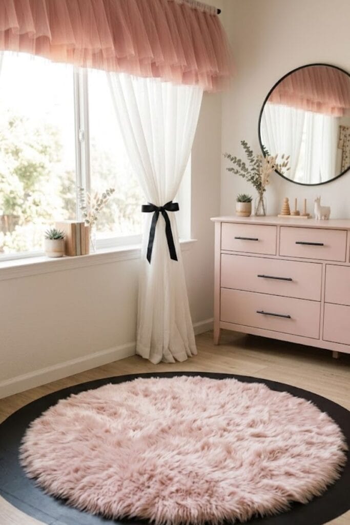 Pink faux fur rug on black painted floor border black and pink toddler girl bedroom