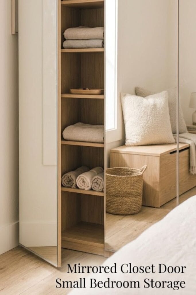 Mirrored closet door with hidden storage, a small bedroom idea