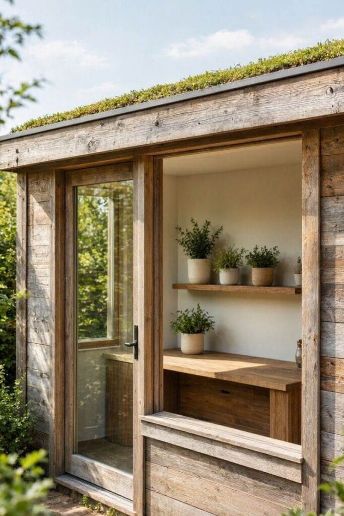 Backyard office ideas with a living green roof and reclaimed wood