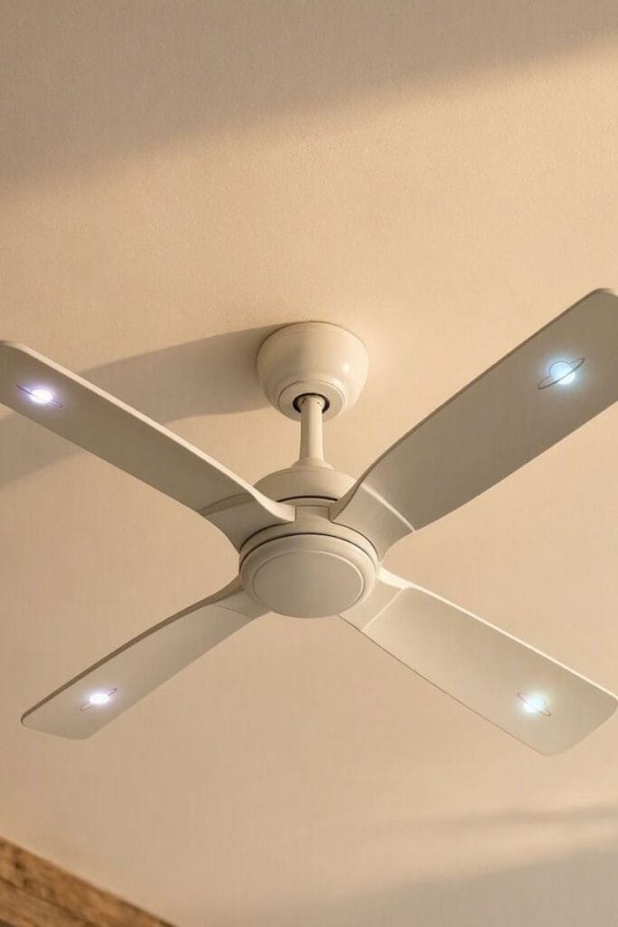 Glow planet decals on ceiling fan in a space themed bedroom