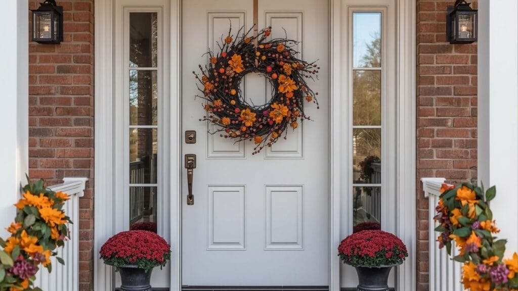 White front door with black fall wreath, bronze hardware, and orange and burgundy mums on either side