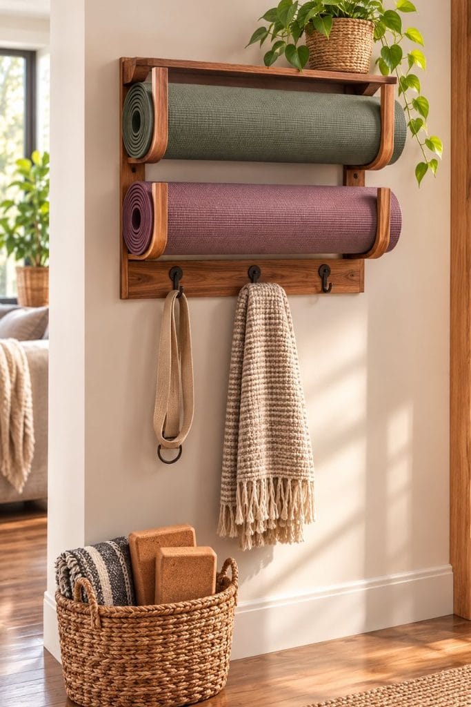 Wall-mounted yoga mat rack for organizing a home yoga room setup