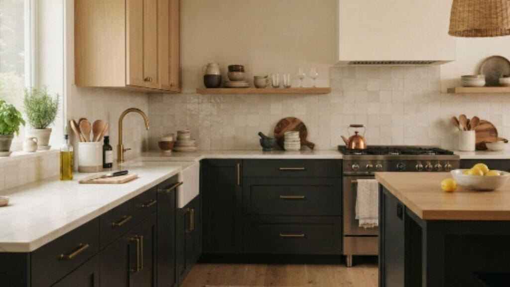Two-tone dark and light kitchen cabinet design