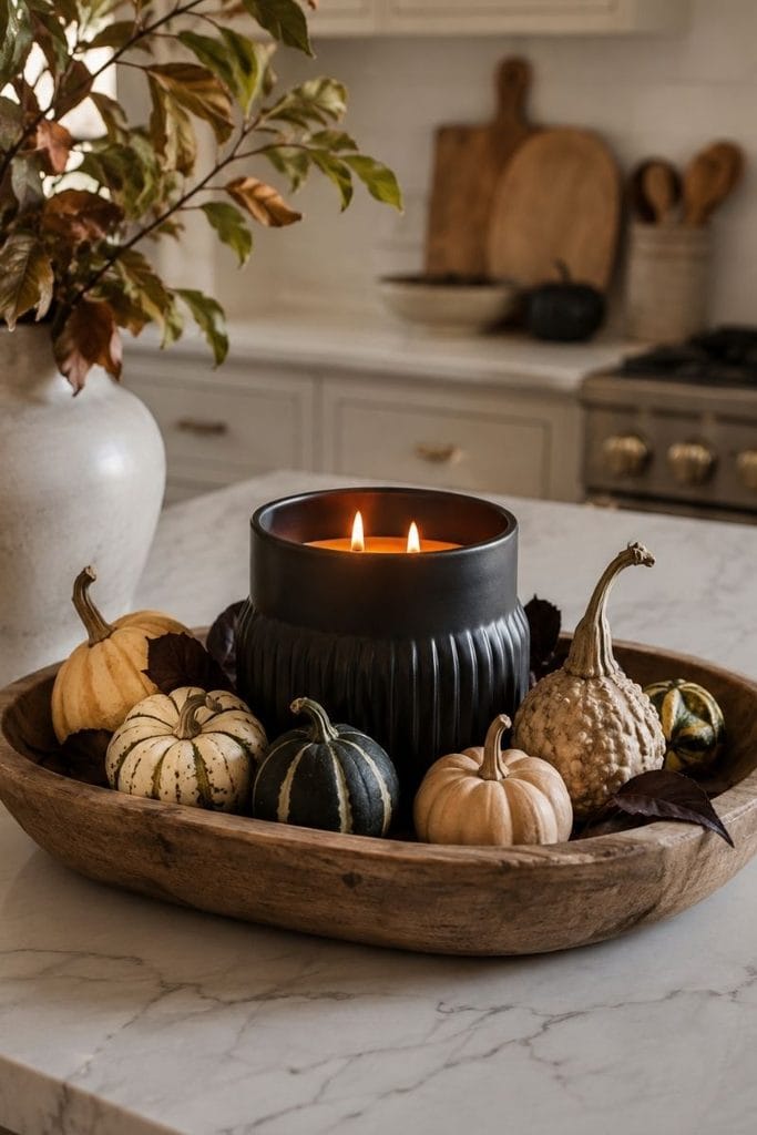Kitchen island Halloween decor ideas with candle and gourds