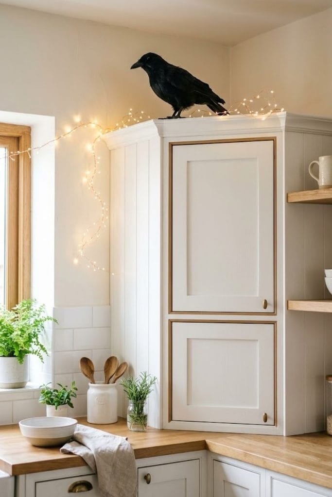 Black crow styled as halloween kitchen decor accent