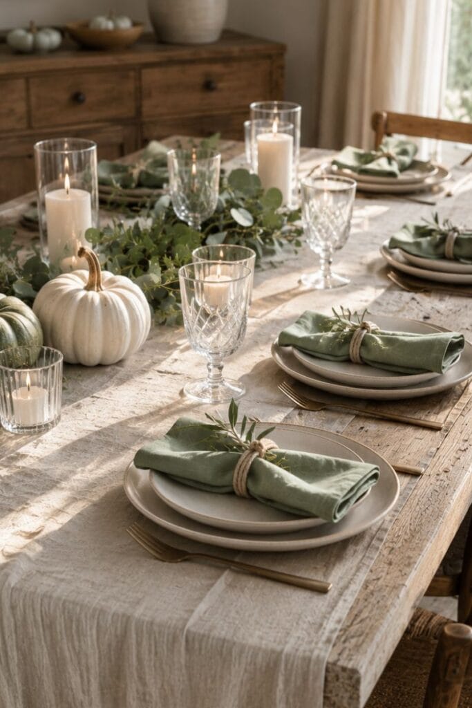 small sage green thanksgiving table setup for intimate dinner