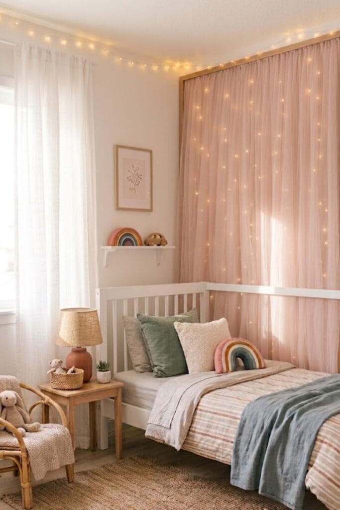 Tulle fabric panel toddler girl bedroom accent wall idea