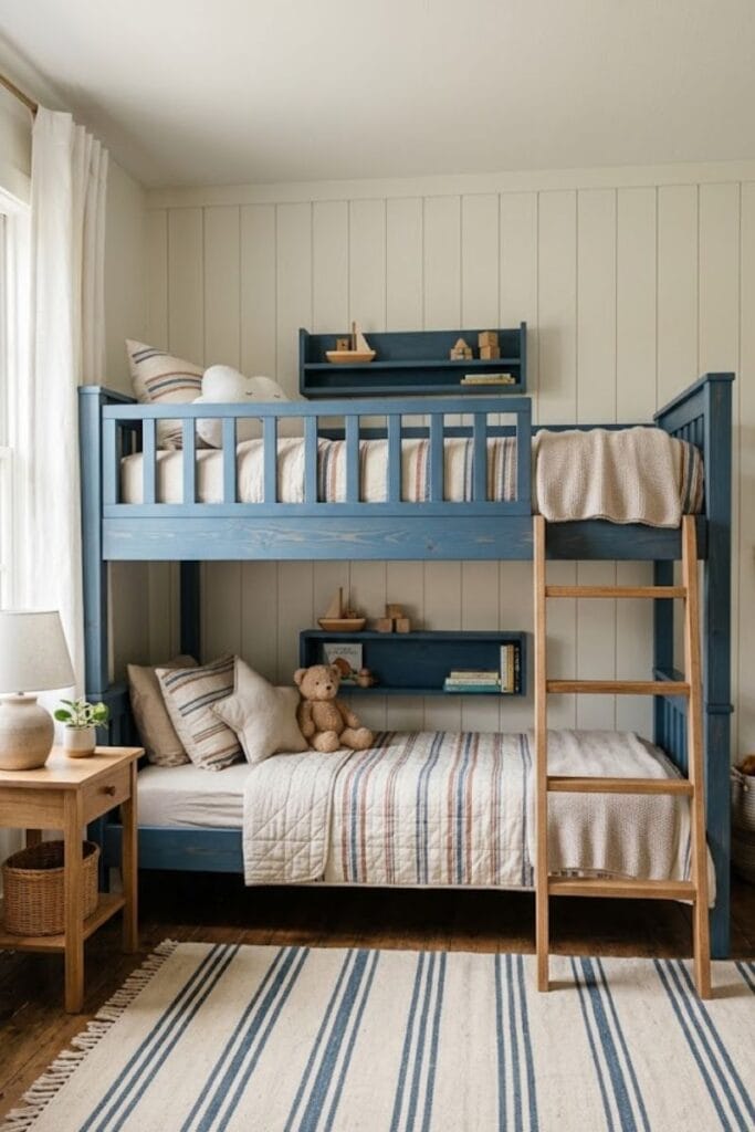  Denim blue bunk beds for a shared toddler bedroom