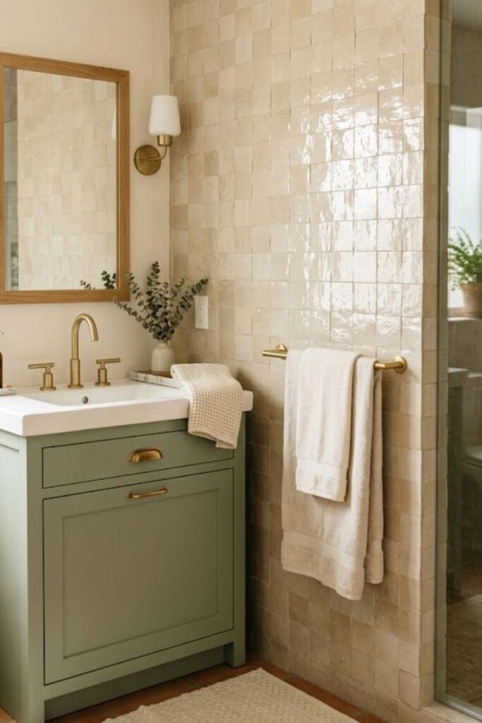  Champagne and sage bathroom with wedding-inspired home decor colors