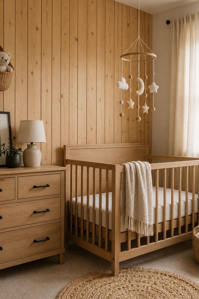  Rustic pine accent wall in baby boy nursery