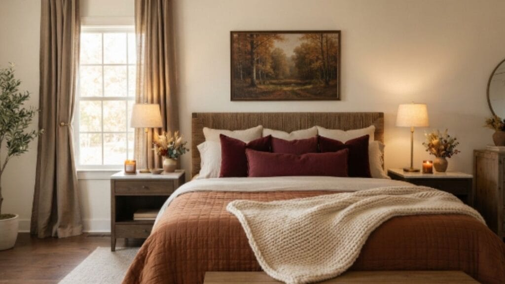 Bed with rust quilted duvet, burgundy pillows, cream throw blanket, and styled nightstands with lamps