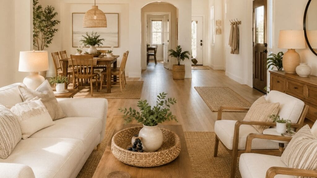 Interior design ideas with warm neutrals, oak furniture, linen textures, and natural light