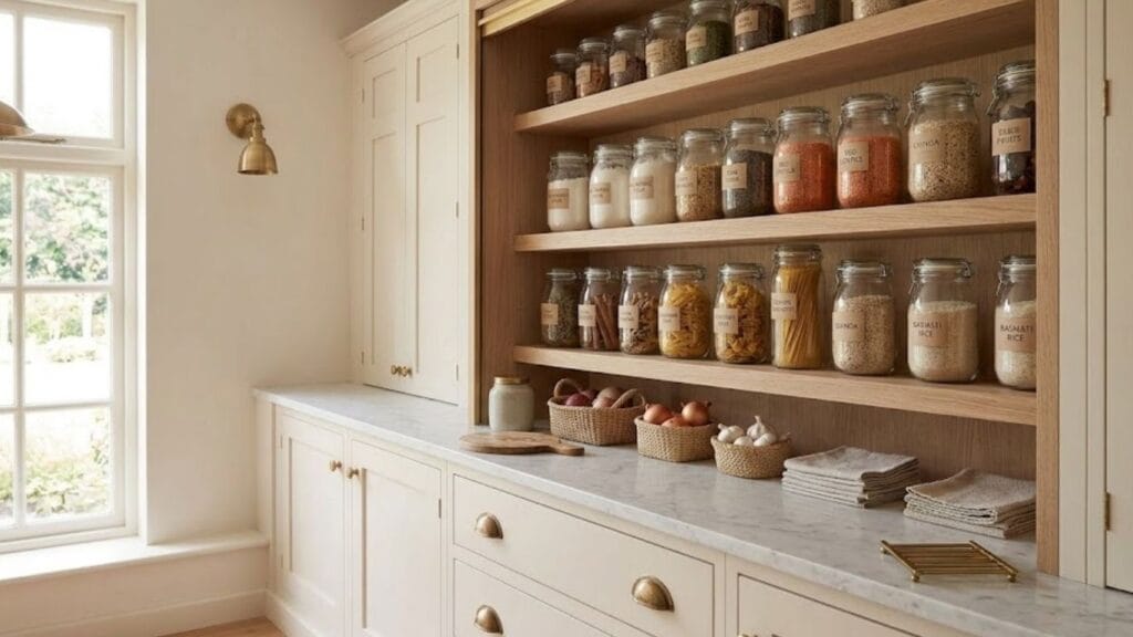 Open pantry styled with labeled glass jars