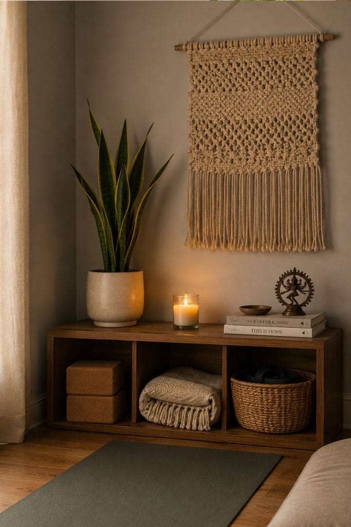 Yoga room decor with plants, candles, and woven wall hanging