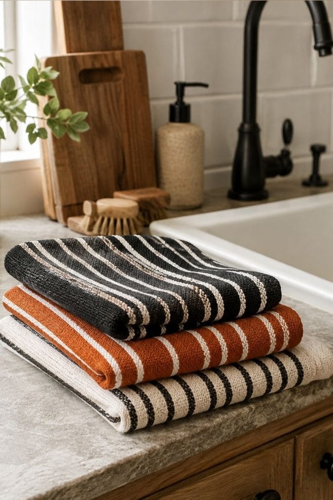 Striped towels styled as halloween kitchen decor near sink