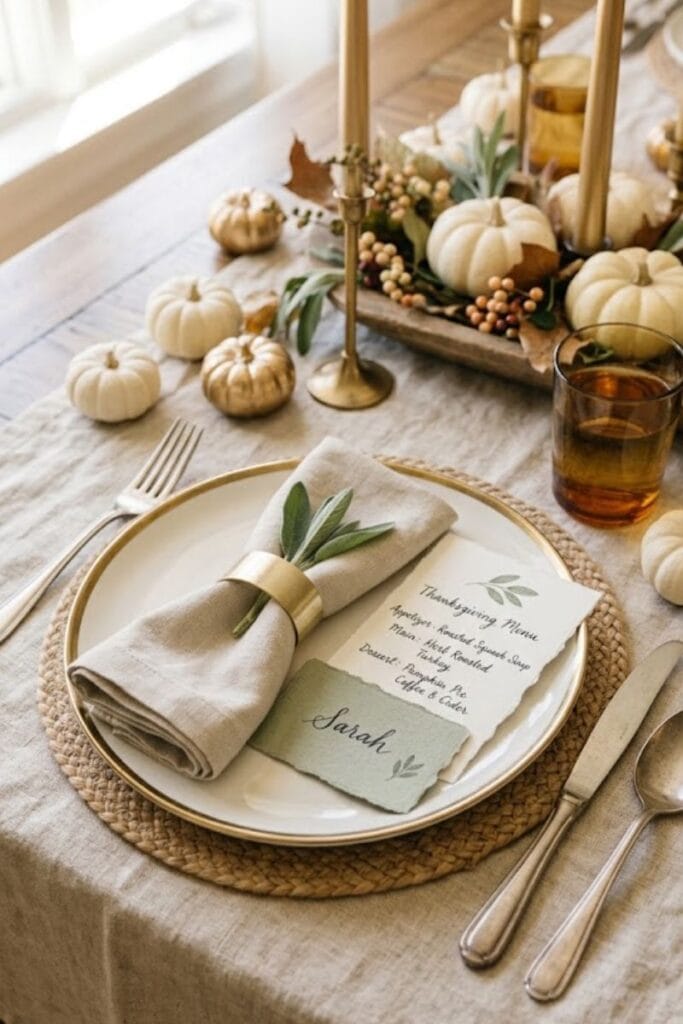 	sage green place cards and menu cards thanksgiving table setting