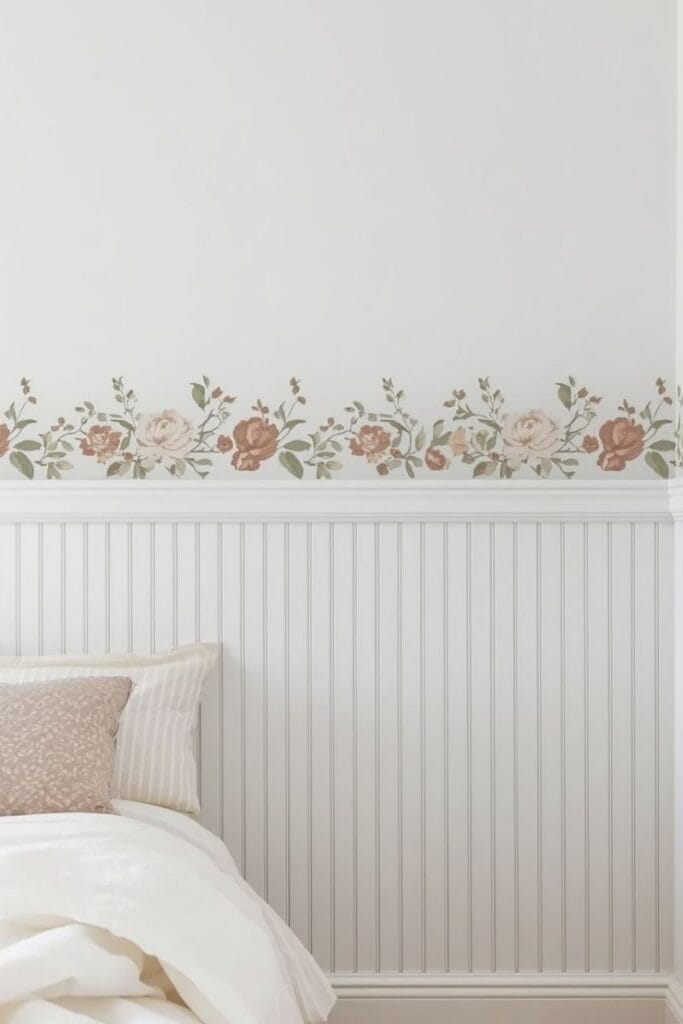 Vintage floral border with wainscoting toddler girl bedroom wall