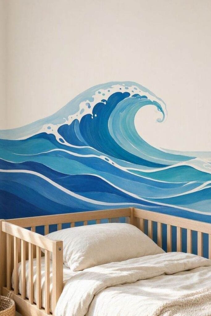 Blue ocean wave mural above a toddler bed