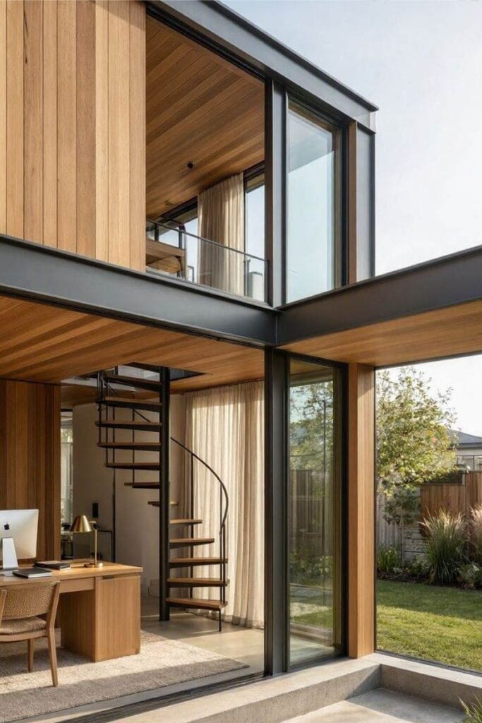 Backyard office ideas with a two-story loft building and spiral stairs