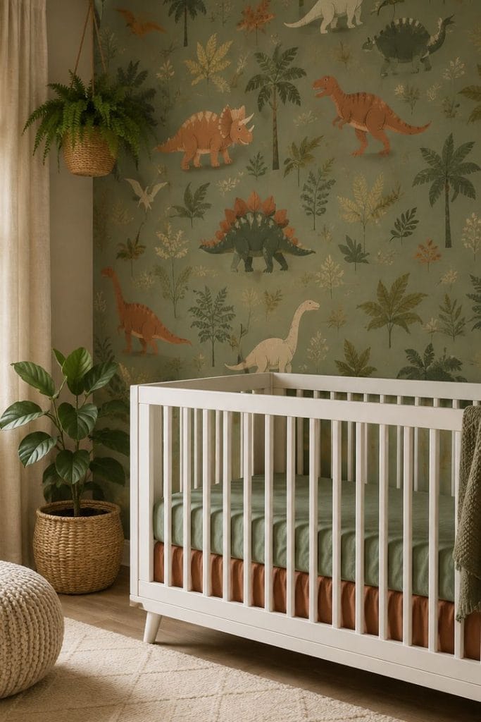 Muted dinosaur wallpaper in baby boy nursery