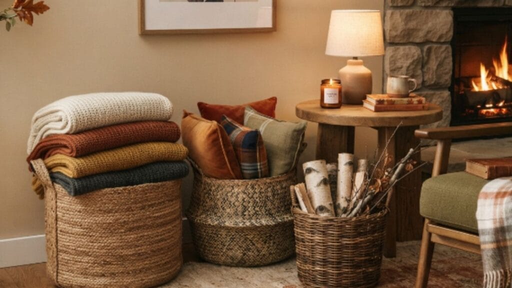 Three woven baskets with fall blankets and pillows arranged in living room corner with lamp and candle