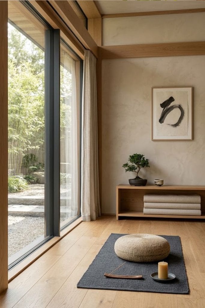 Japandi-style yoga room inspiration with natural wood and muted tones