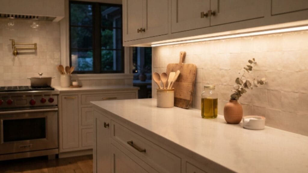 Warm under-cabinet lighting glowing on kitchen counter