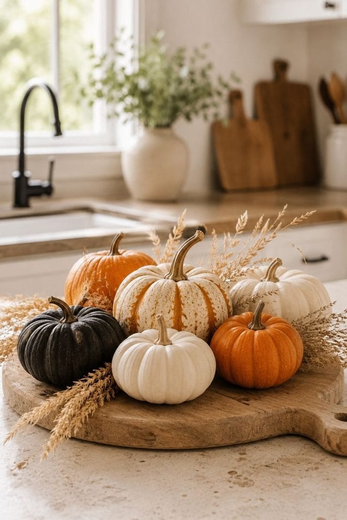 Pumpkin centerpiece styled as halloween kitchen decor
