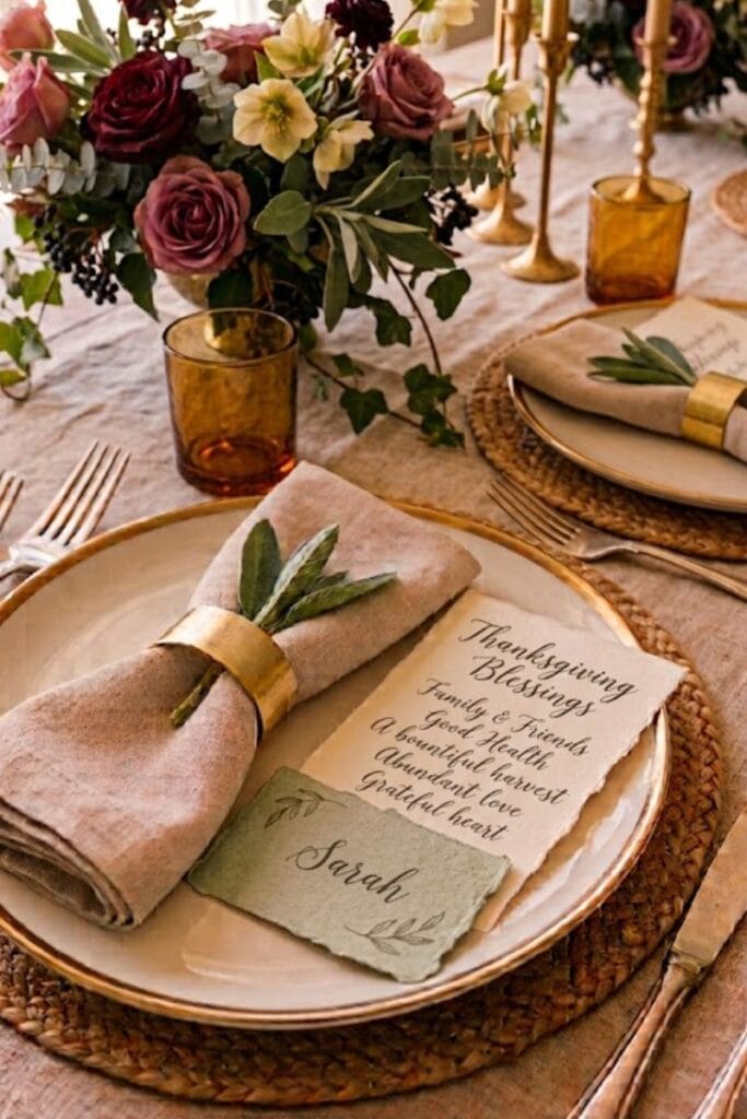 	sage green and gold thanksgiving table decor elegance