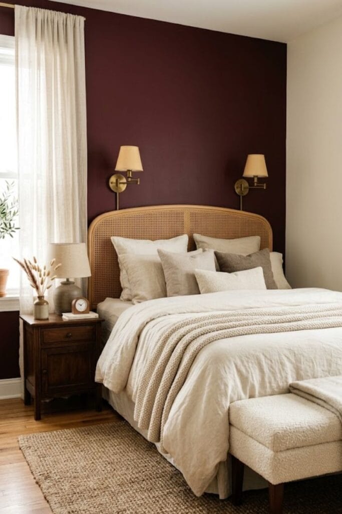 Burgundy accent wall bedroom with wedding-inspired color palette